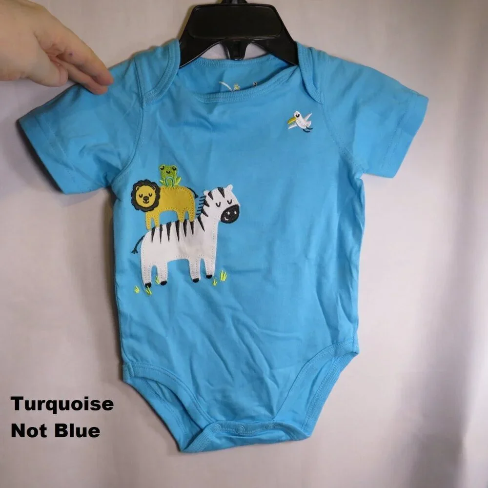 Baby Zoo Animals Embroidered Bodysuit 3mo 100% cotton Turquoise